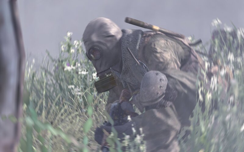 soldier in gas mask crouching