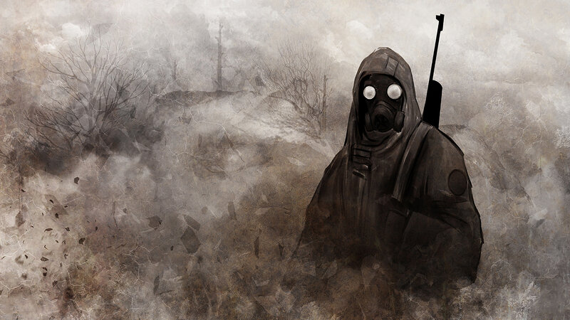 Soldier in Gas Mask — Gray, Dramatic, Digital Art, Gas Mask, Rifle