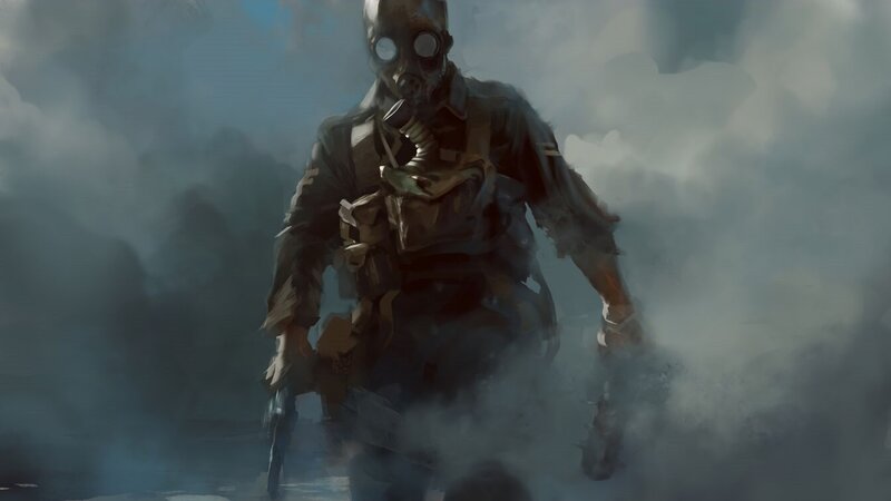 Soldier in Gas Mask — Gray, Dramatic, Digital Art, Gas Mask, Smoke
