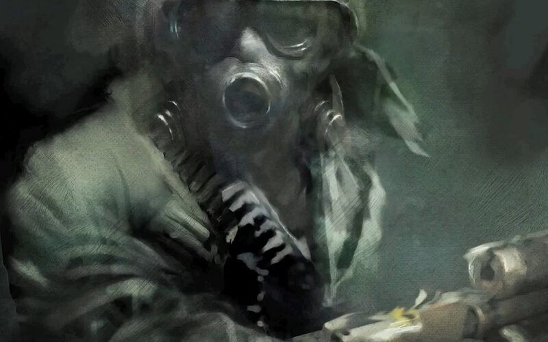 Soldier in Gas Mask — Gray, Dramatic, Digital Art, Gas Mask, Weapon, Uniform