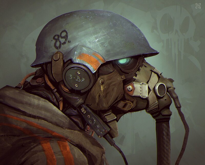 Soldier in Gas Mask — Gray, Dramatic, Digital Art, Helmet