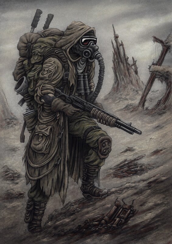 Soldier in Gas Mask — Gray, Dramatic, Digital Art, Rifle, Backpack, Ruins
