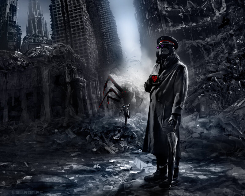 Soldier in Gas Mask — Gray, Dramatic, Digital Art, Ruins
