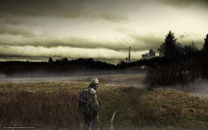 Soldier in Gas Mask — Gray, Dramatic, Night, Digital Art, Rain