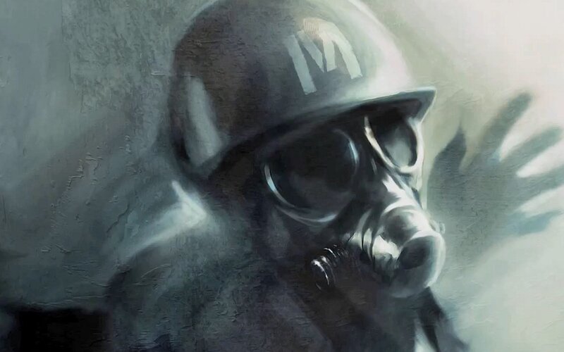 Soldier in Gas Mask — Gray, Dramatic, Painting