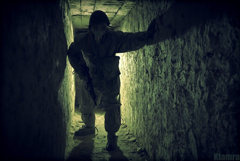 Soldier in Gas Mask — Green, Dramatic, Night, Photograph