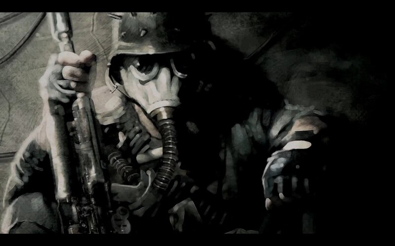 soldier in gas mask holding rifle