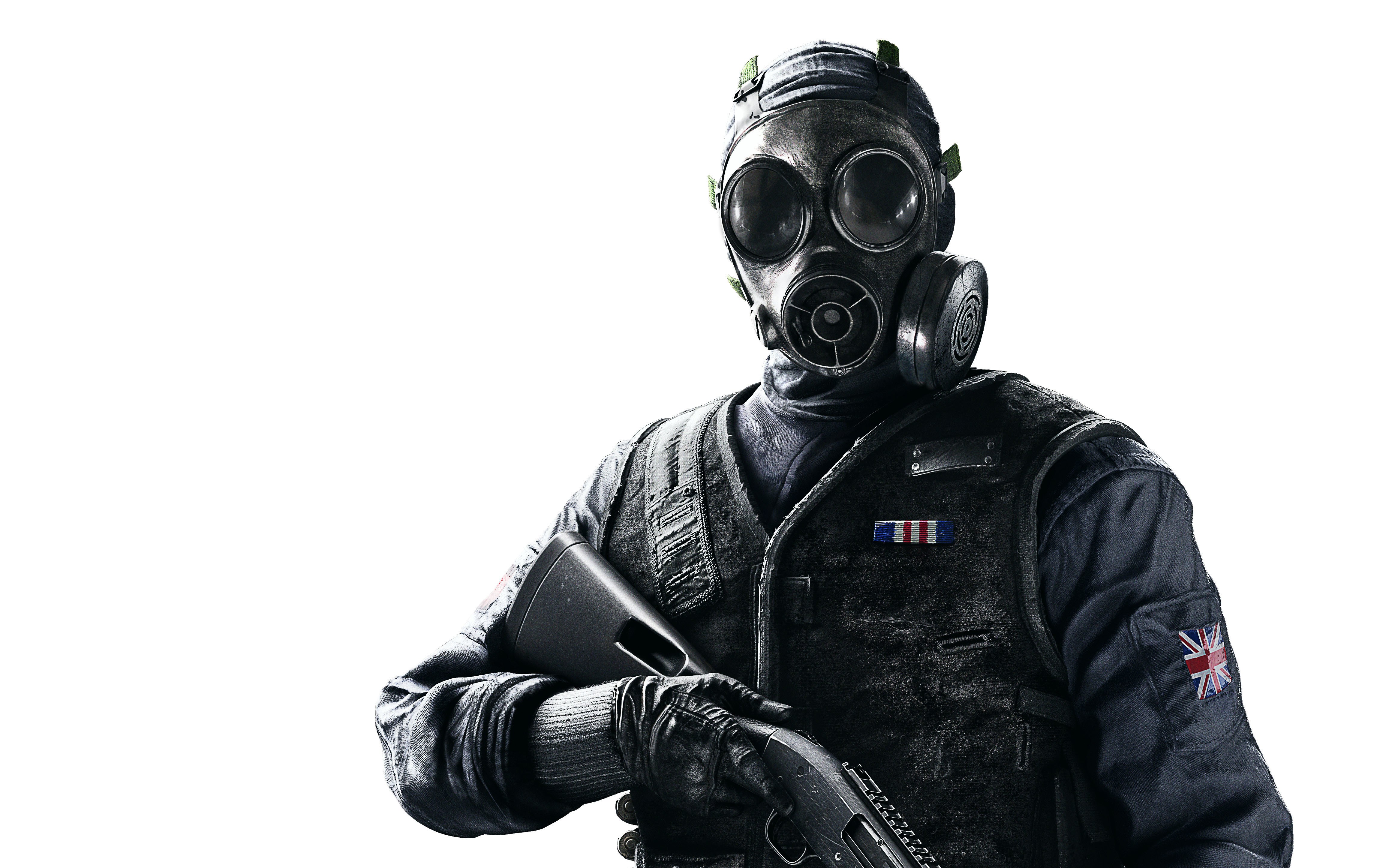 soldier in gas mask holding shotgun