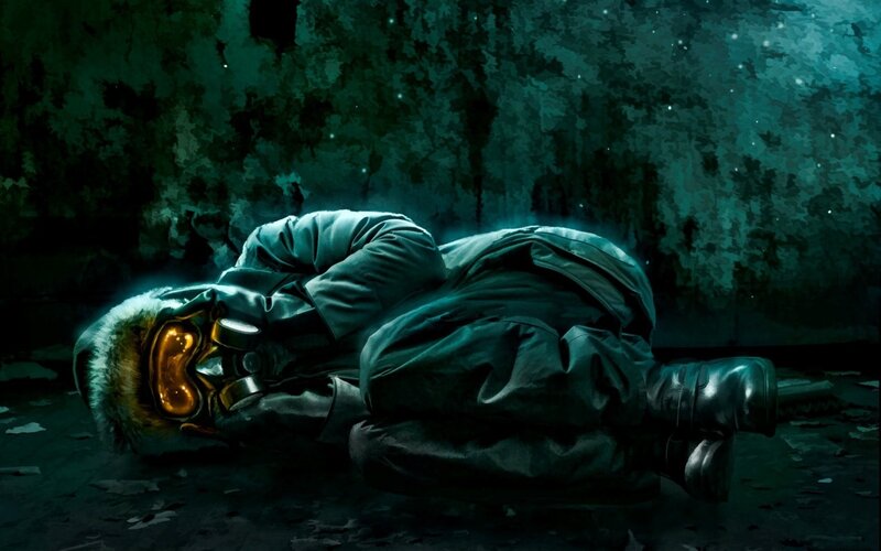 Soldier in gas mask lies dead