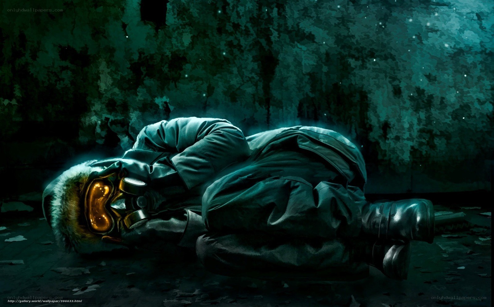 Soldier in gas mask lies dead