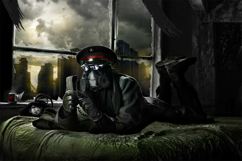 soldier in gas mask on bed