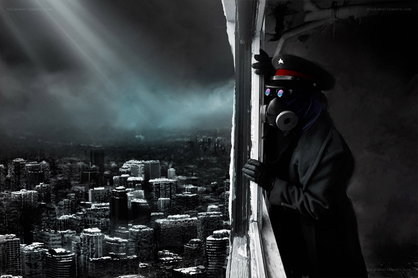 soldier in gas mask on rooftop