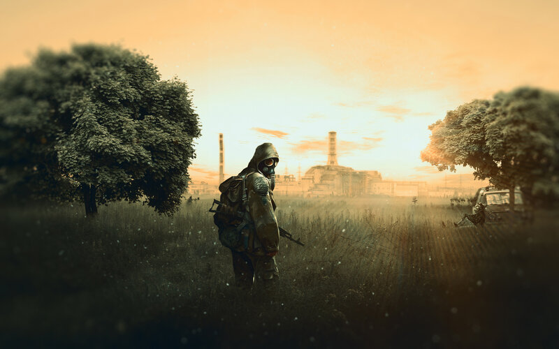 Soldier in Gas Mask — Orange, Dramatic, Sunset, Digital Art