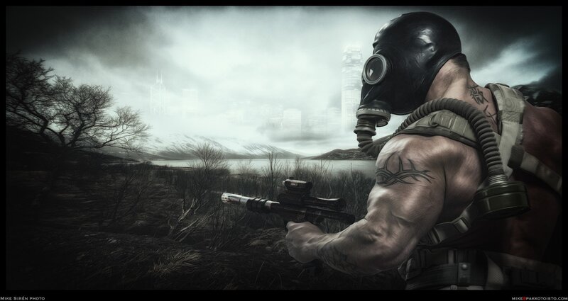 soldier in gas mask overlooking city