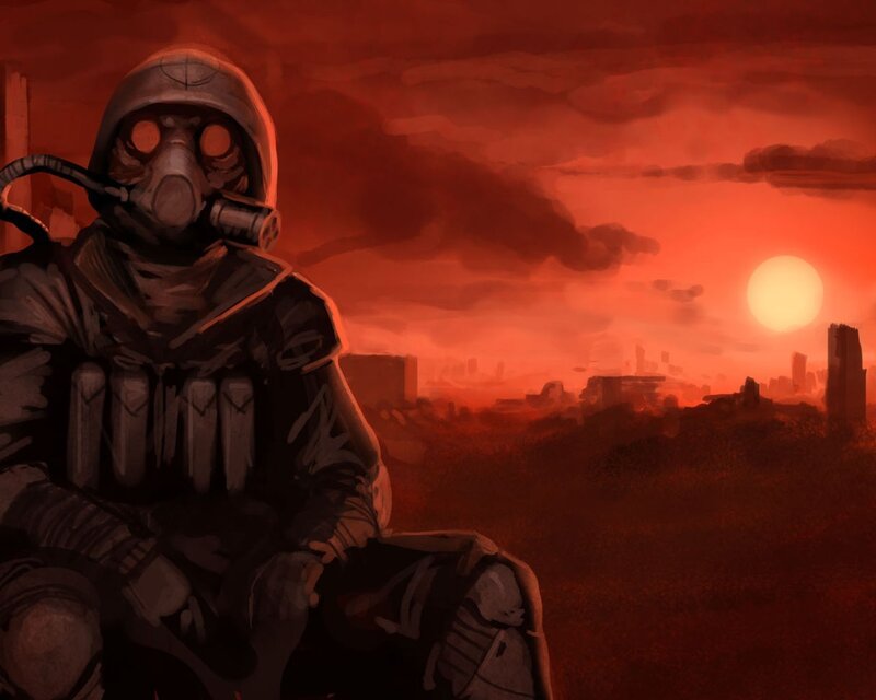 Soldier in Gas Mask — Red, Dramatic, Sunset, Digital Art, Gas Mask, Ruins