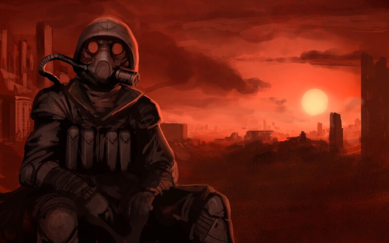 Soldier in Gas Mask — Red, Dramatic, Sunset, Digital Art, Ruins, Sun, City