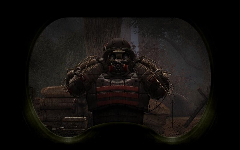 soldier in gas mask through scope