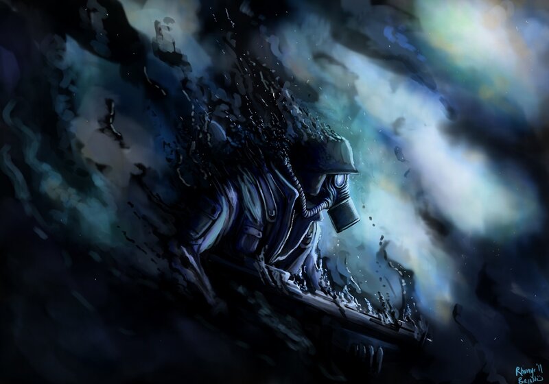 soldier in gas mask underwater