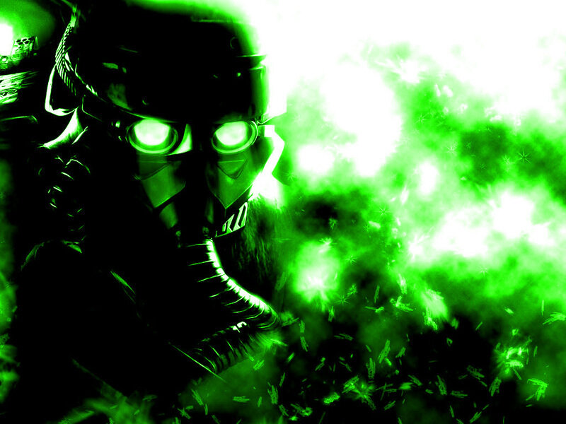 soldier in gas mask with green light