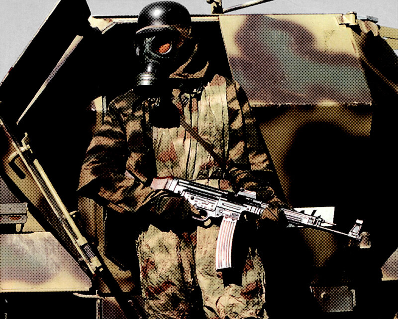 soldier in gas mask with rifle