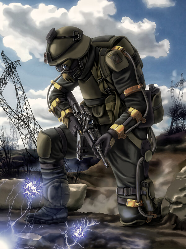 soldier in gas mask with rifle