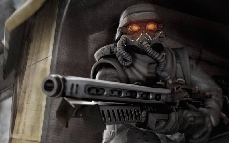 soldier in gas mask with rifle