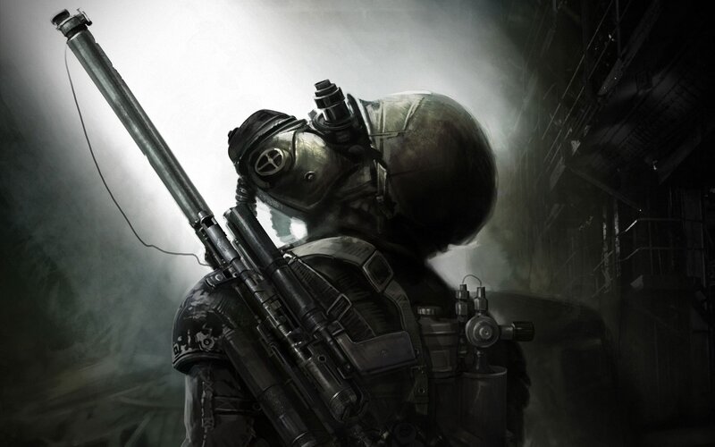 soldier in gas mask with rifle