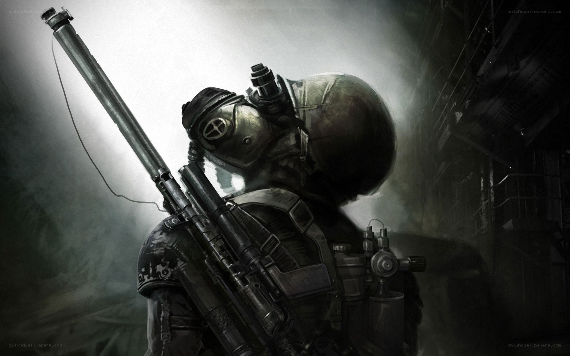 soldier in gas mask with rifle