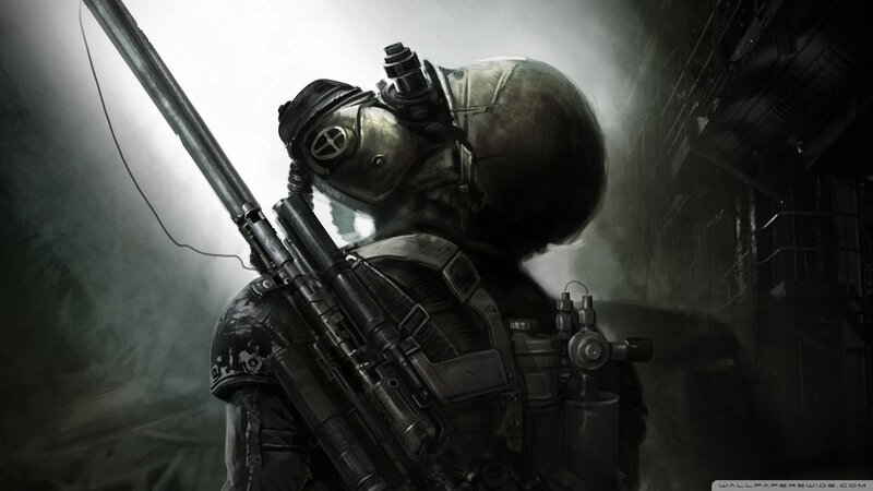 soldier in gas mask with rifle