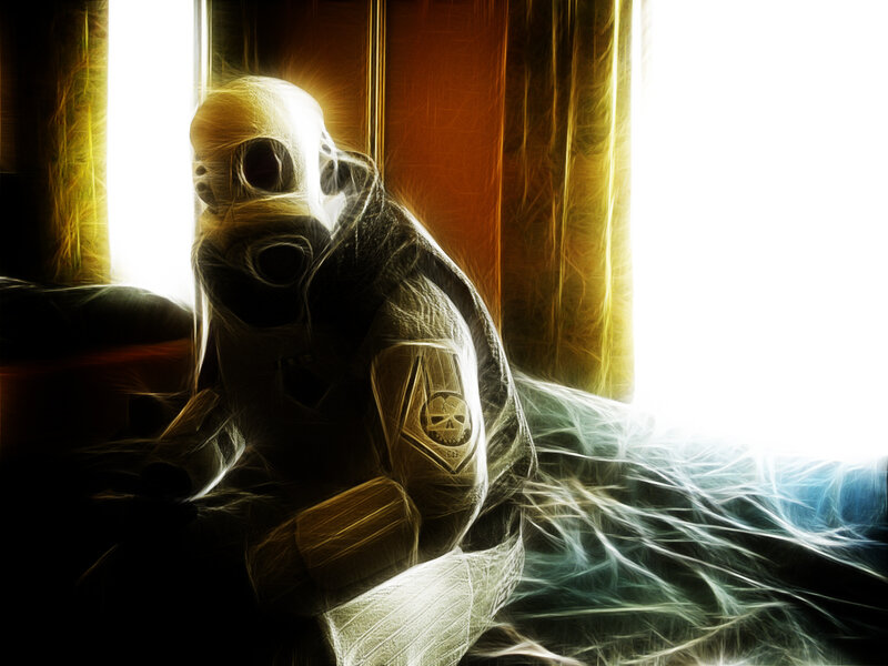 Soldier in Gas Mask — Yellow, Dramatic, Digital Art