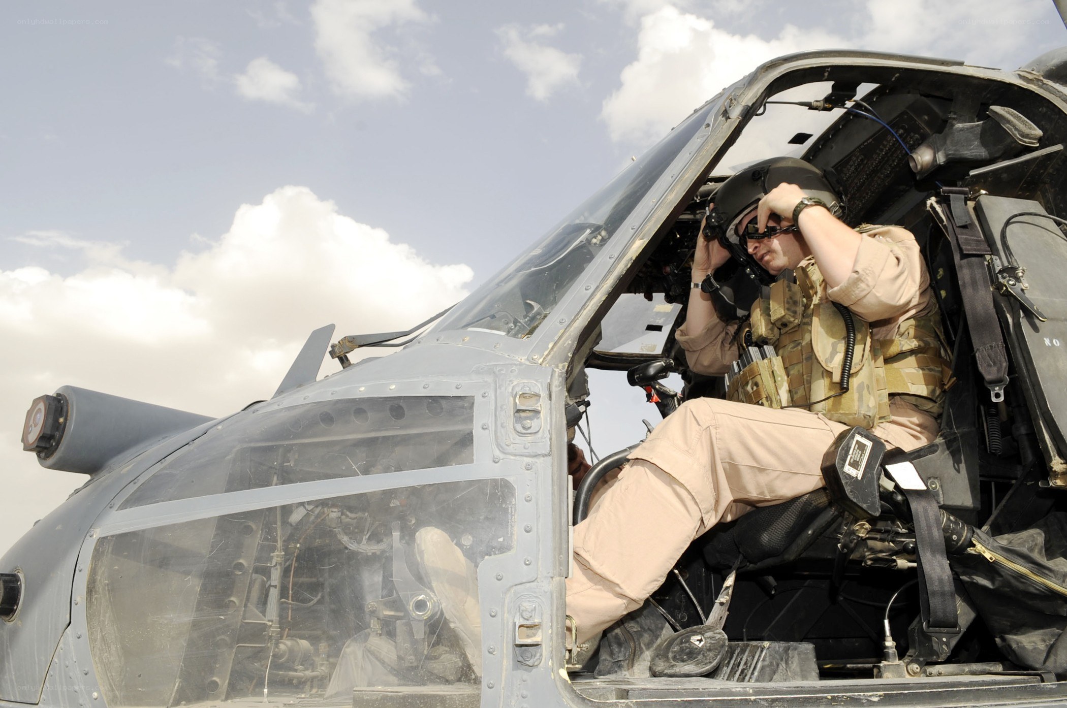 Soldier in helicopter cockpit