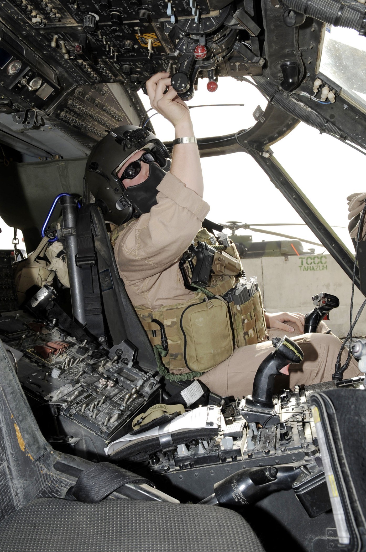Soldier in helicopter cockpit