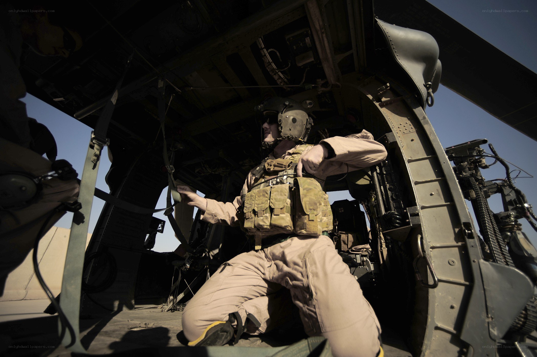 Soldier in helicopter interior