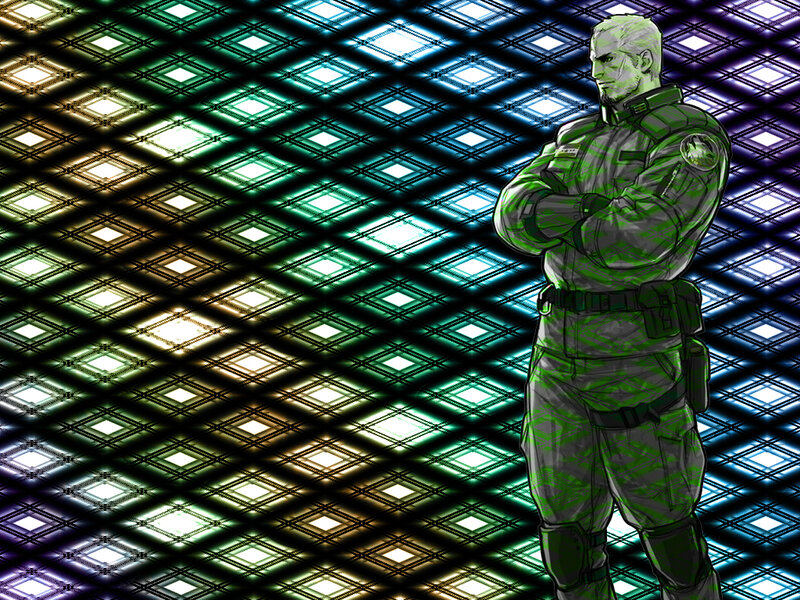 soldier in neon-lit corridor