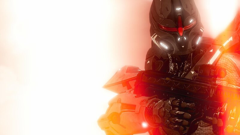 Soldier in Powered Armor — Black, Dramatic, Digital Art, Gun, Helmet, Red