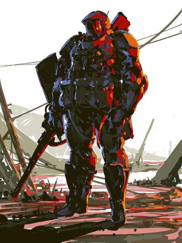 Soldier in Powered Armor — Black, Dramatic, Digital Art, Weapon, Ruins