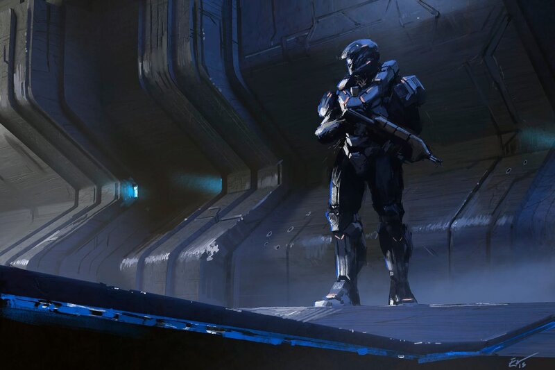 Soldier in Powered Armor — Blue, Dramatic, Digital Art, Gun, Corridor
