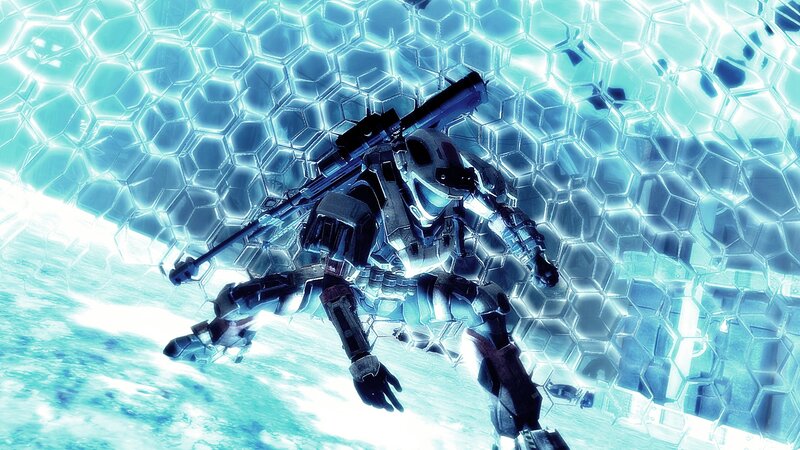 Soldier in Powered Armor — Blue, Dramatic, Digital Art, Rifle