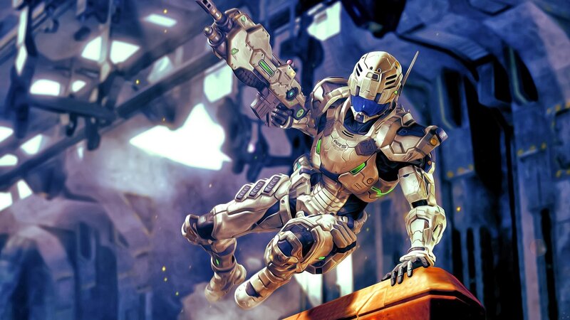 Soldier in Powered Armor — Blue, Dramatic, Digital Art, Weapon, Space Station