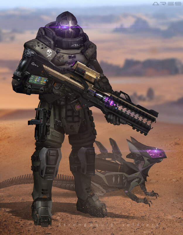 Soldier in Powered Armor — Brown, Dramatic, Afternoon, Digital Art