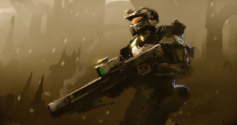 Soldier in Powered Armor — Brown, Dramatic, Digital Art, Gun