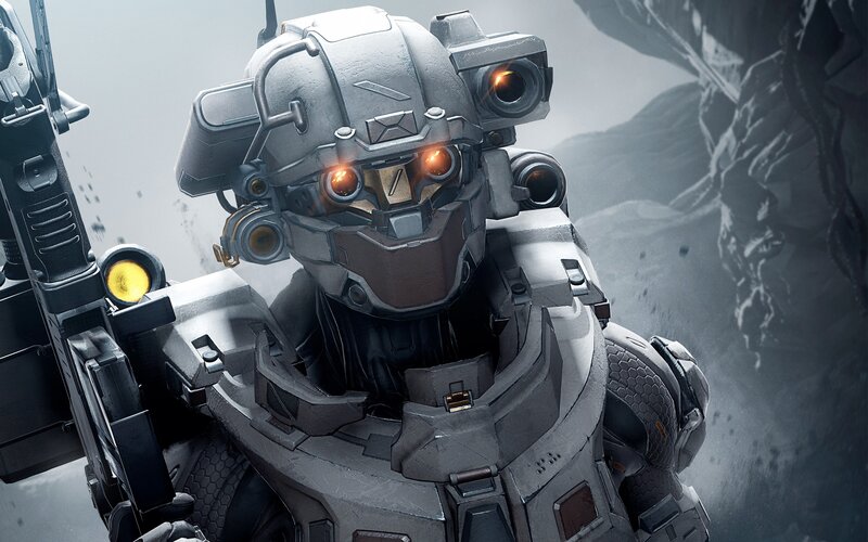 Soldier in Powered Armor — Gray, Dramatic, 3d Render, Weapon, Helmet