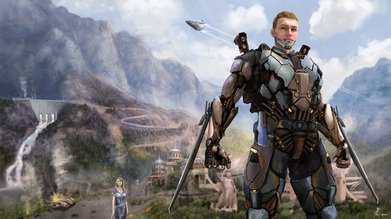 Soldier in Powered Armor — Gray, Dramatic, Afternoon