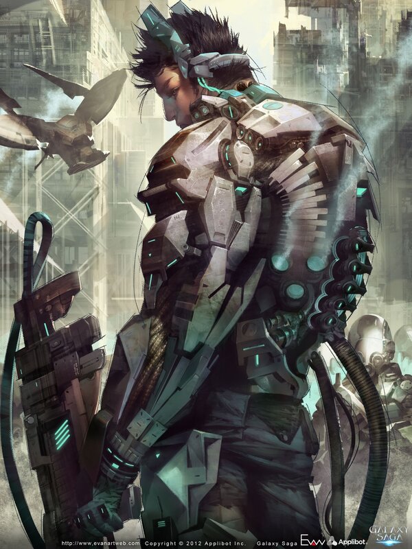 Soldier in Powered Armor — Gray, Dramatic, Digital Art, Flying Drone