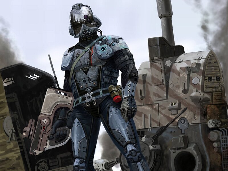 Soldier in Powered Armor — Gray, Dramatic, Digital Art, Tank