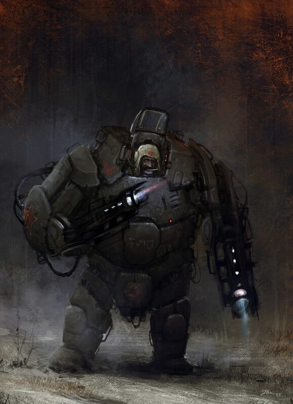 Soldier in Powered Armor — Gray, Dramatic, Digital Art, Weapon, Helmet