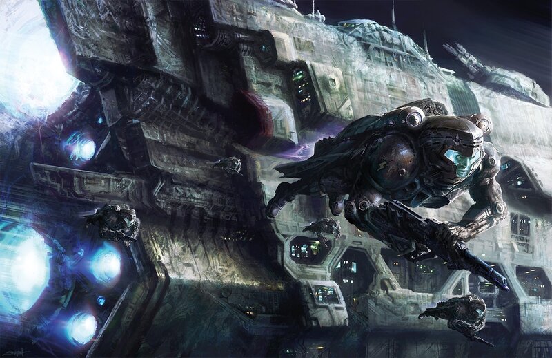 Soldier in Powered Armor — Gray, Dramatic, Night, Digital Art, Spaceship, Weapon, Space