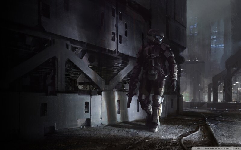 Soldier in Powered Armor — Gray, Dramatic, Night