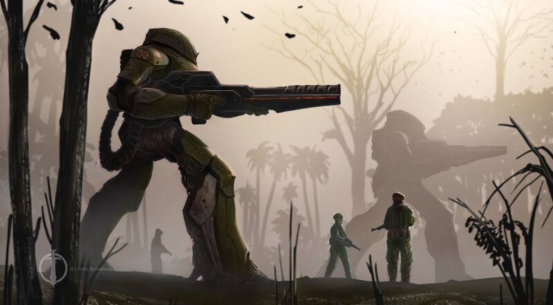 Soldier in Powered Armor — Green, Dramatic, Sunset