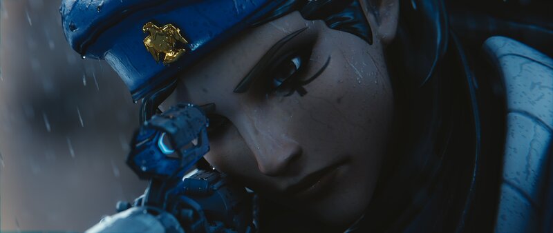 Soldier in Rain — Blue, Dramatic, Night, 3d Render